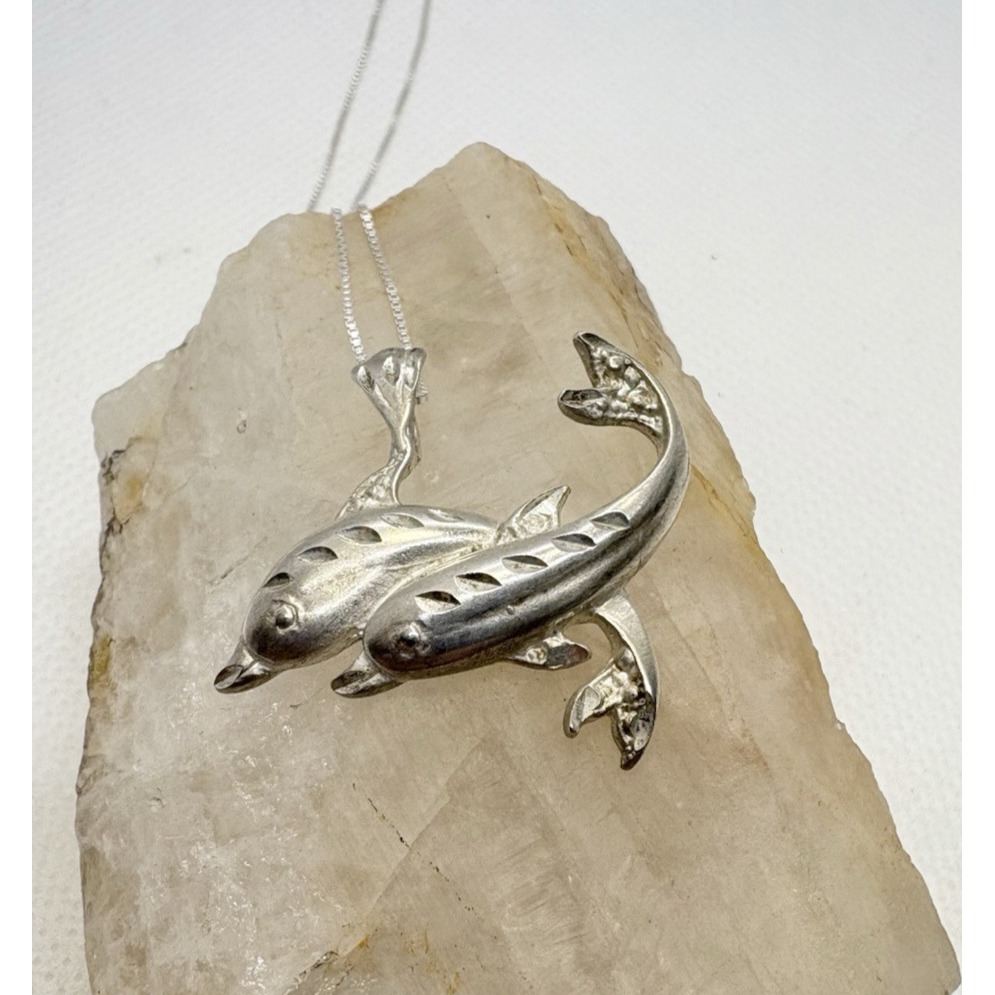 Vintage Sterling Silver Twin Dolphin Pendant Necklace 18